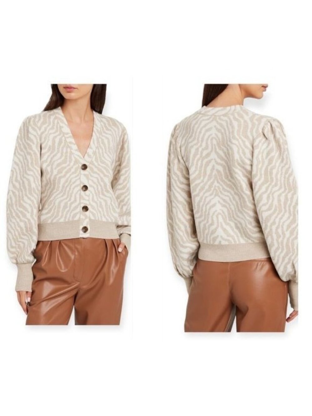 Ulla Johnson Cici Zebra Merino Wool Balloon Sleeve Cardigan In Blanc Beige With